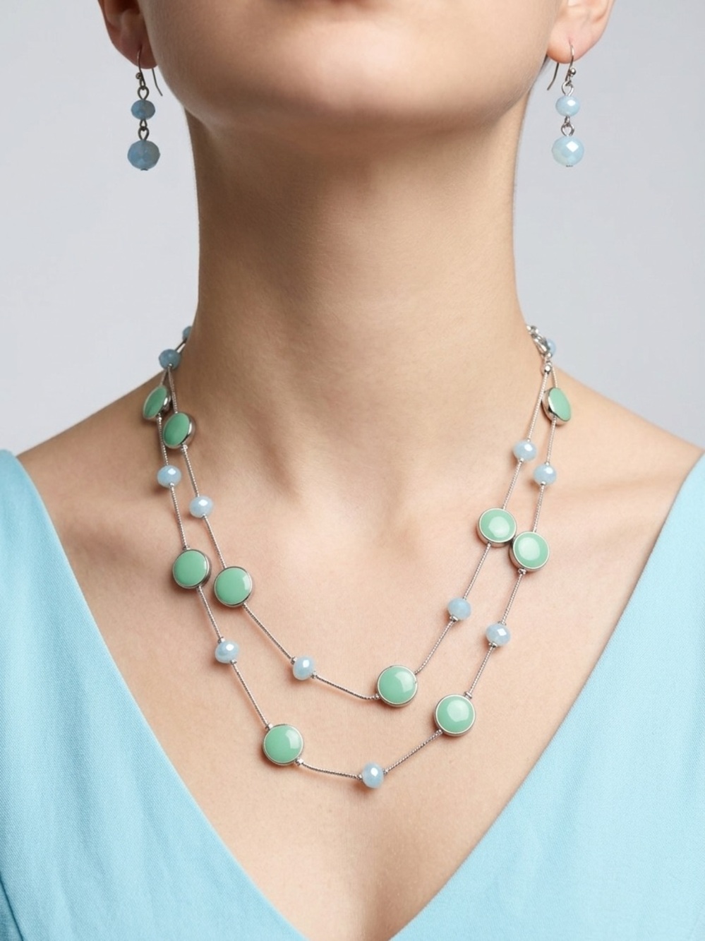 Long Mint Green Station Necklace & Blue Beaded Earrings Silver Tone Jewelry Set